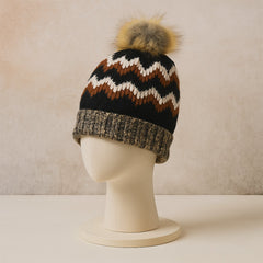 Winter Woolen Knitted Black Inside Fur Beanie Cap (1 Pc / Mix Design & Color)