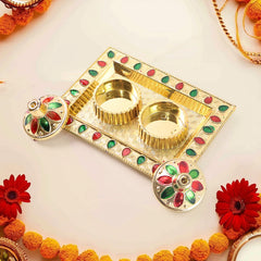 Rakasha Bandhan Special Puja Thali, Kumkum Thali Holder, Pooja Return Gift, Indian Housewarming Gifts, Brother / Bhai / Bhabhi / Sister / Family for Rakshabandhan, Diwali (Mix Design)