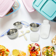 6In1 Tiffin Box-Lunch Box | 3 Stainless Steel Containers | Plastic lid Box | Spoon & Fork /Plastic Bottle | Insulated Fabric Bag | Leak Proof | Microwave Safe for Office, College and School (6 pcs)