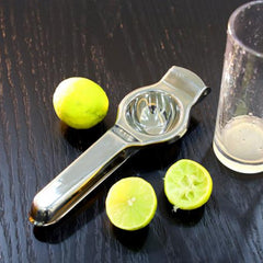 Stainless steel lemon squeezer close-up.
