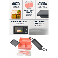Plastic 2 Layer Leak Proof 3 Compartment Lunch Box for Office (1 Pc)