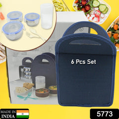 6In1 Tiffin Box-Lunch Box | 3 Stainless Steel Containers | Plastic lid Box | Spoon & Fork /Plastic Bottle | Insulated Fabric Bag | Leak Proof | Microwave Safe for Office, College and School (6 pcs)