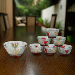 Rose glass Multipurpose Pudding / Dessert / Ice Cream Bowl Set for Home use, Home & Kitchen Serving Bowl for Sundae, Sweets, Snacks, Fruit, Pudding, Nuts or Dip, Serving Bowls 6 Medium & 1 Big Bowl (Set of 7 pc)